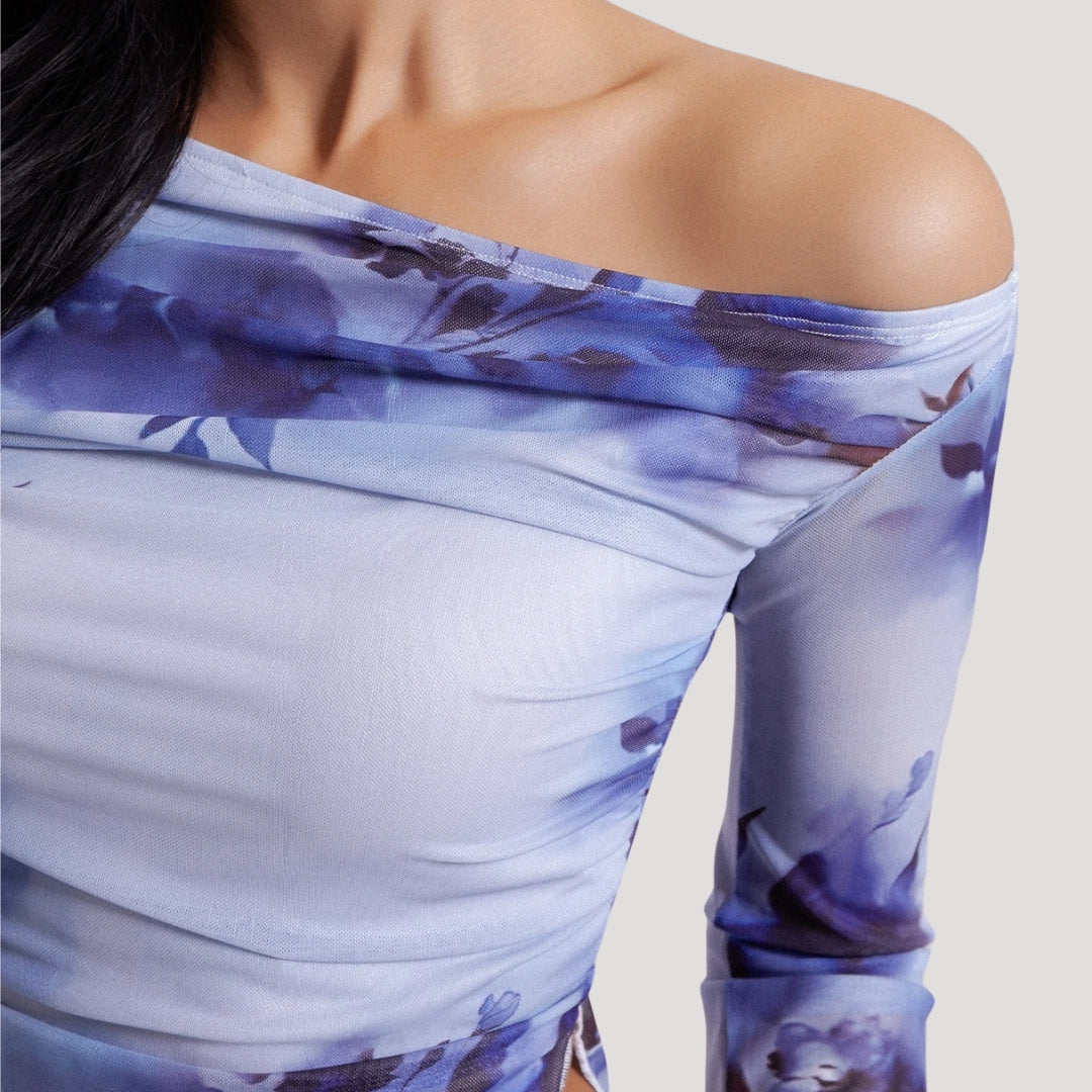 Stilla | Off Shoulder Blå Blomster Mesh Top