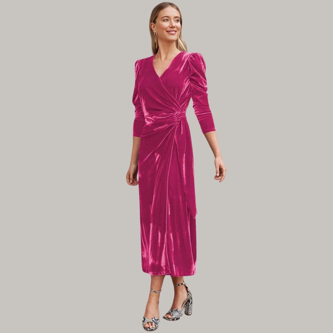 Stilla | Lang Midi Kjole Wrap-Type af Velours med Puffærmer
