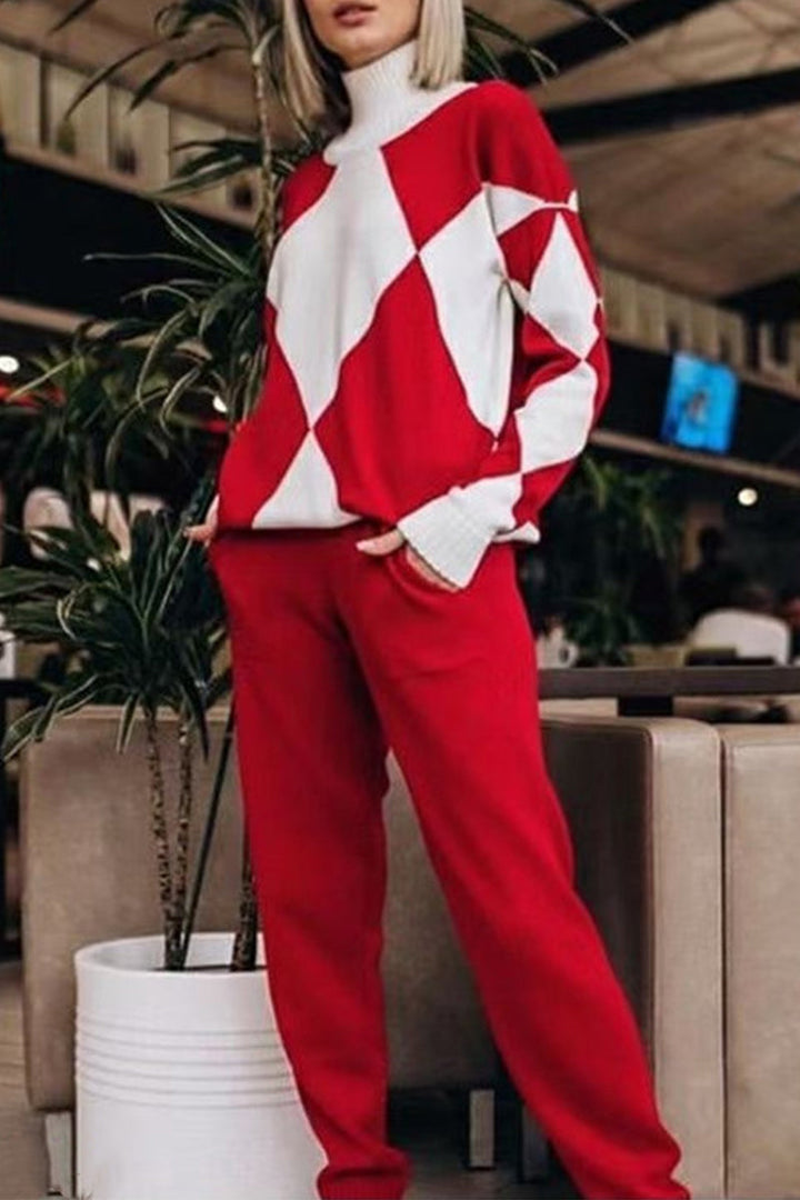 Stilla | To-delt Casual Rullekrave Sweater Med Lange Ærmer, Kontrast Rullekrave og Farveblok Lommer