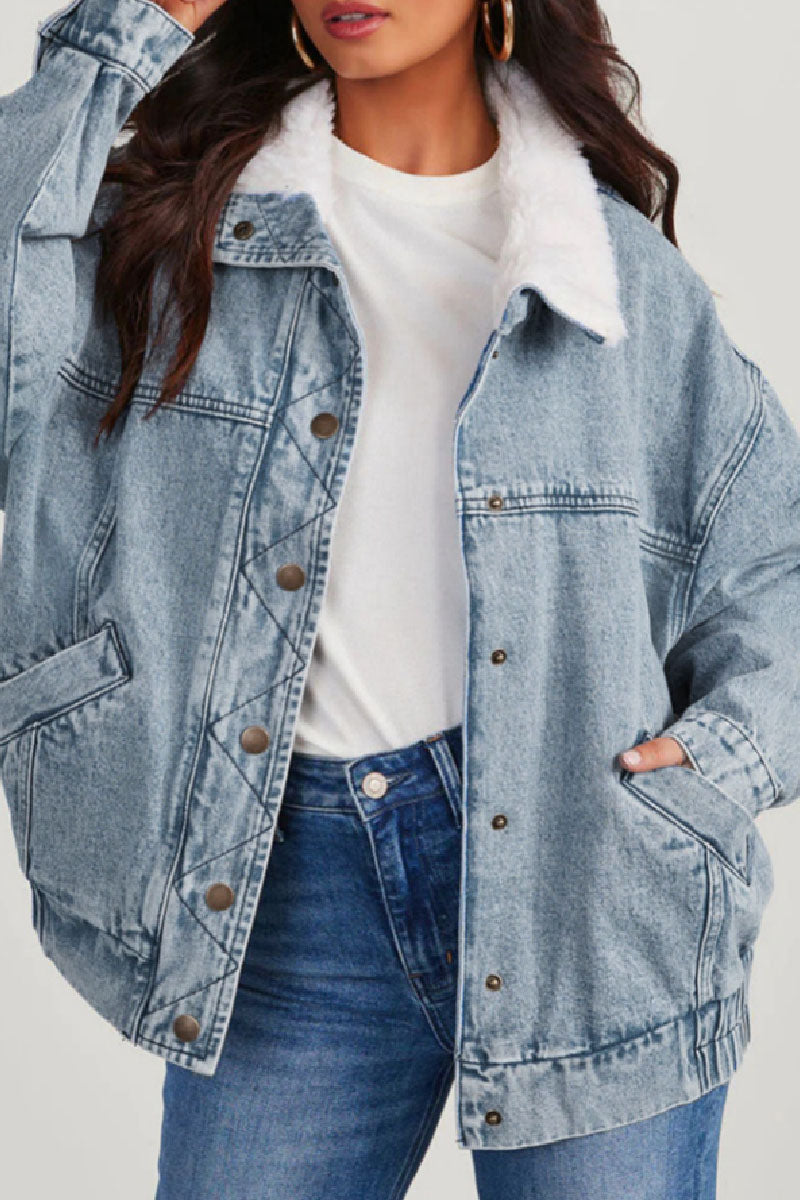 Stilla | Solid Patchwork Krumme Krave Lange Ærme Regular Denimjakke