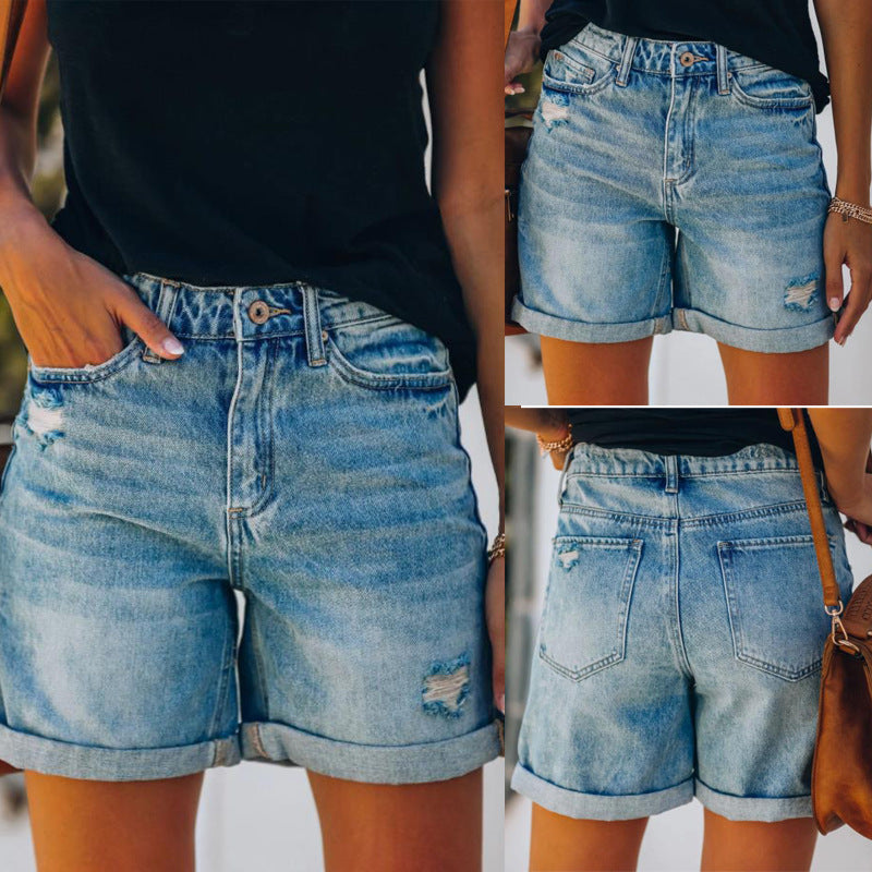 Kvinders Højtaljede Denim Shorts i Vintage Stil Stilla
