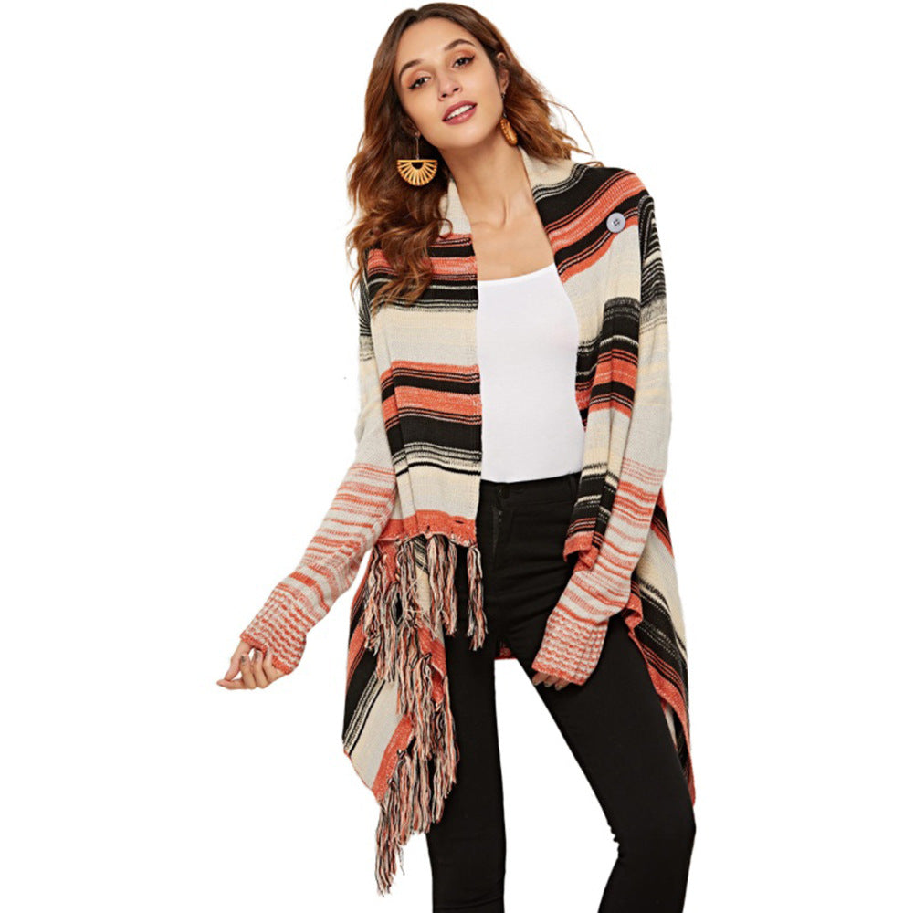 Kvinders fashionable cardigan med frynser og typisk stribet mønster Stilla
