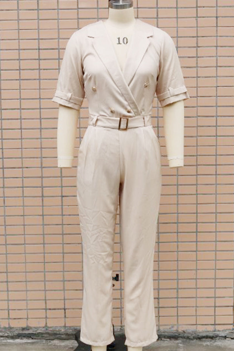 Stilla | Casual Ensfarvet Overalls Med Patchwork Knapper og Vendbar Krave