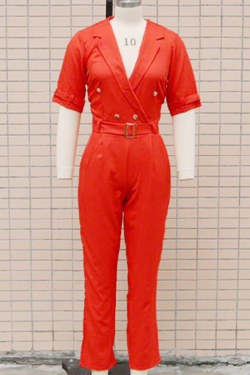 Stilla | Casual Ensfarvet Overalls Med Patchwork Knapper og Vendbar Krave
