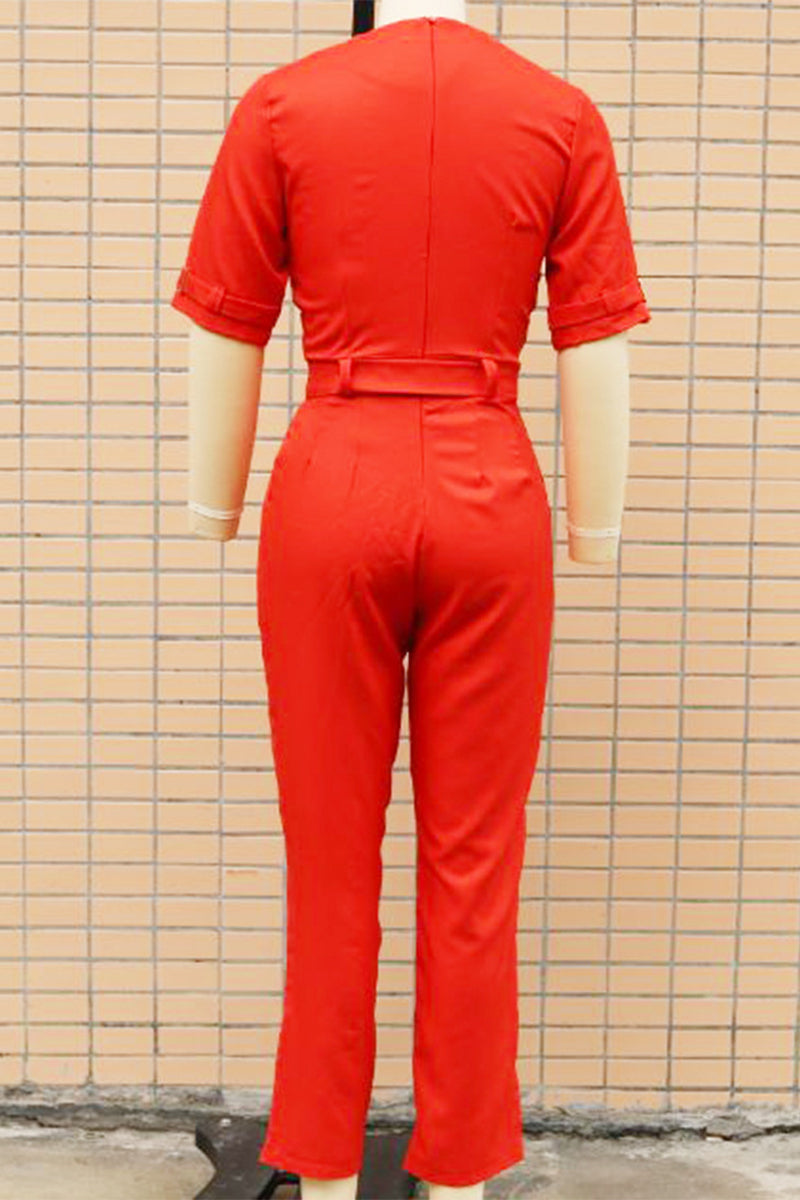 Stilla | Casual Ensfarvet Overalls Med Patchwork Knapper og Vendbar Krave