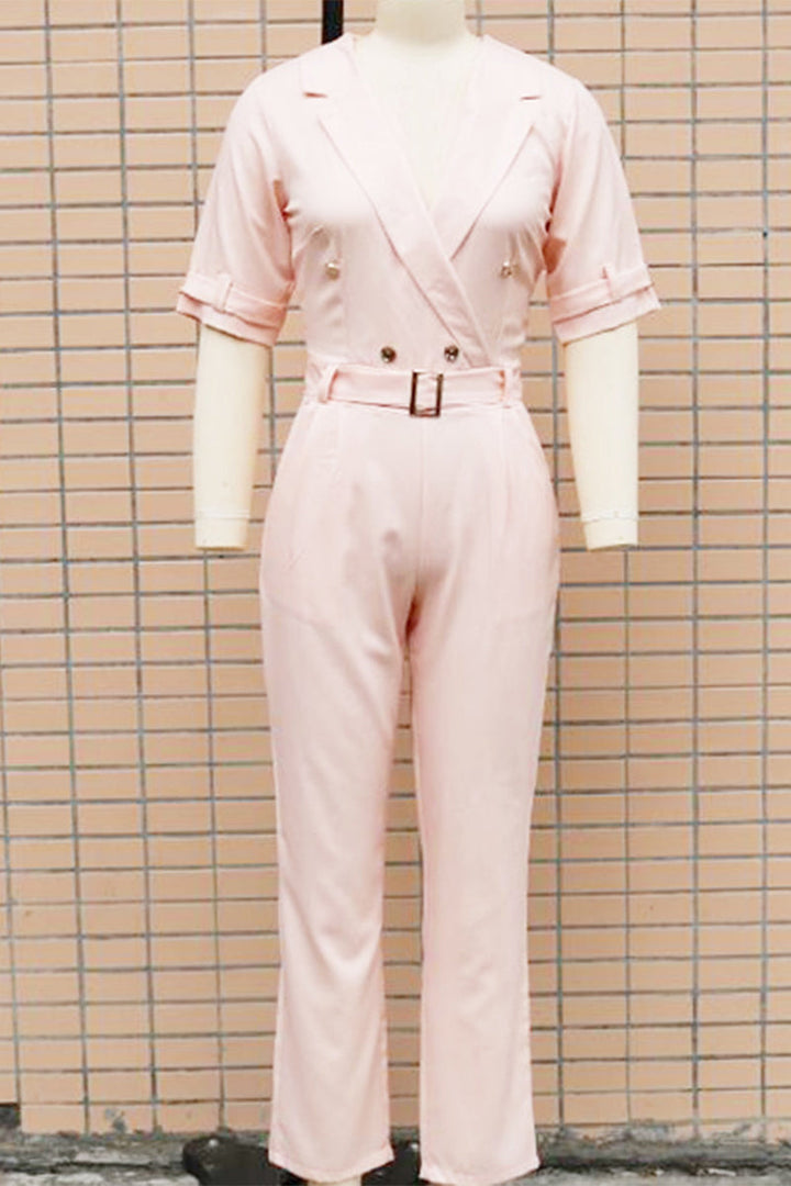 Stilla | Casual Ensfarvet Overalls Med Patchwork Knapper og Vendbar Krave