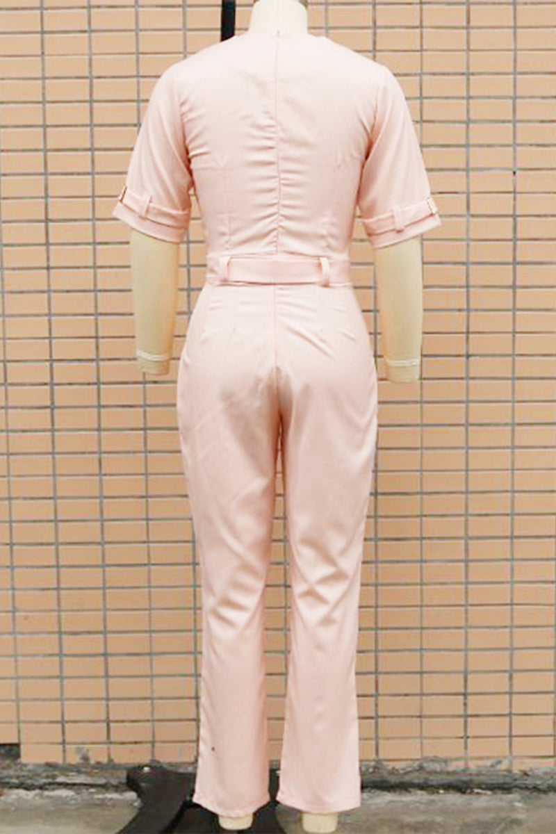 Stilla | Casual Ensfarvet Overalls Med Patchwork Knapper og Vendbar Krave