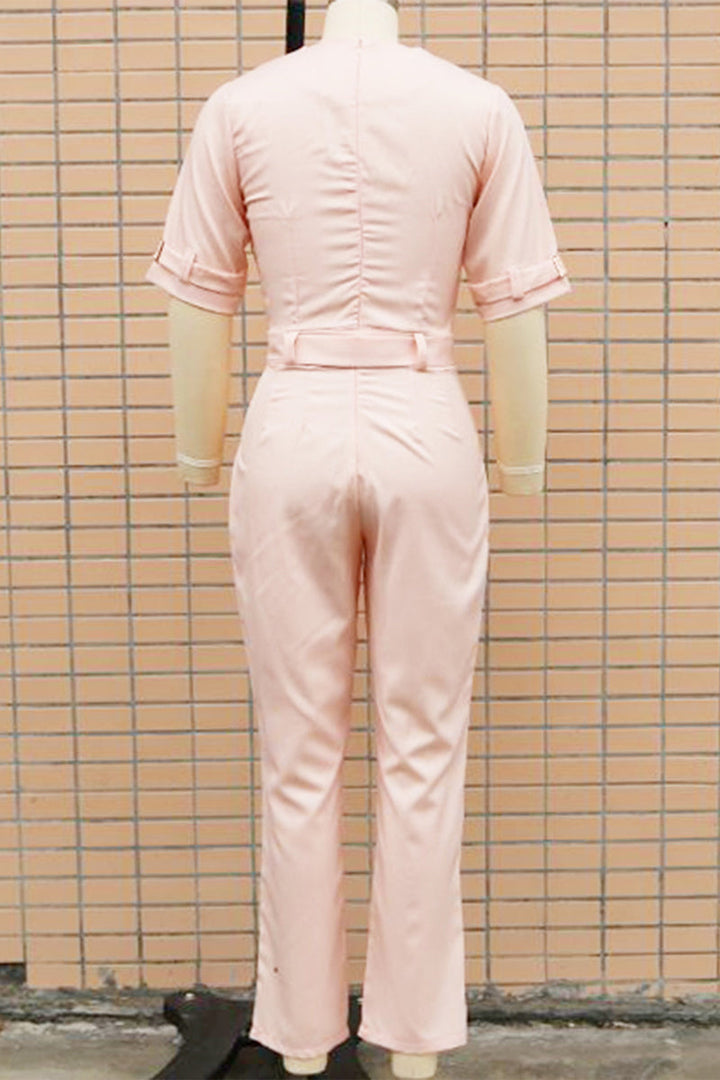 Stilla | Casual Ensfarvet Overalls Med Patchwork Knapper og Vendbar Krave