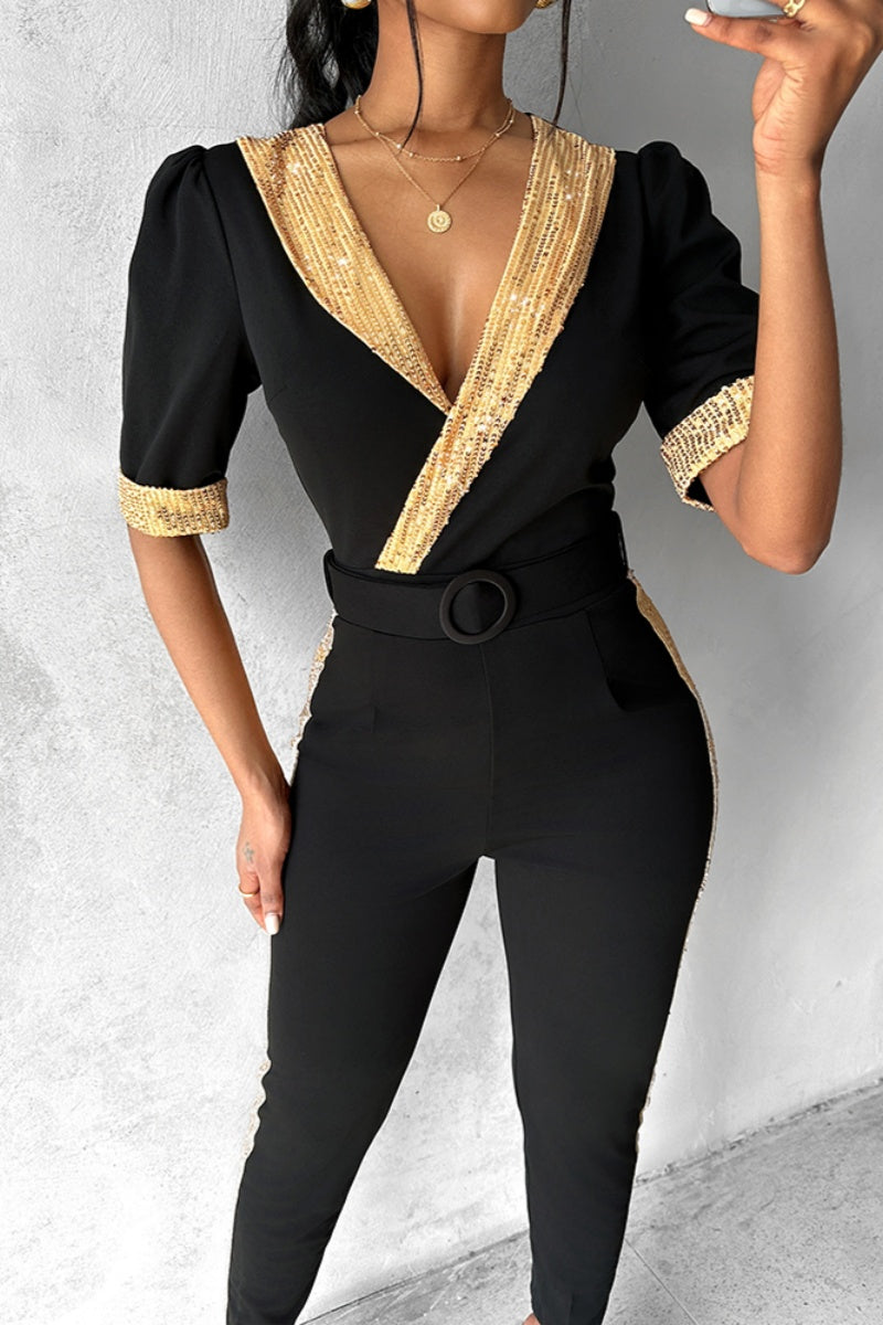 Stilla | Slim Fit Casual Overalls Med Paillet Patchwork og V-Udskæring