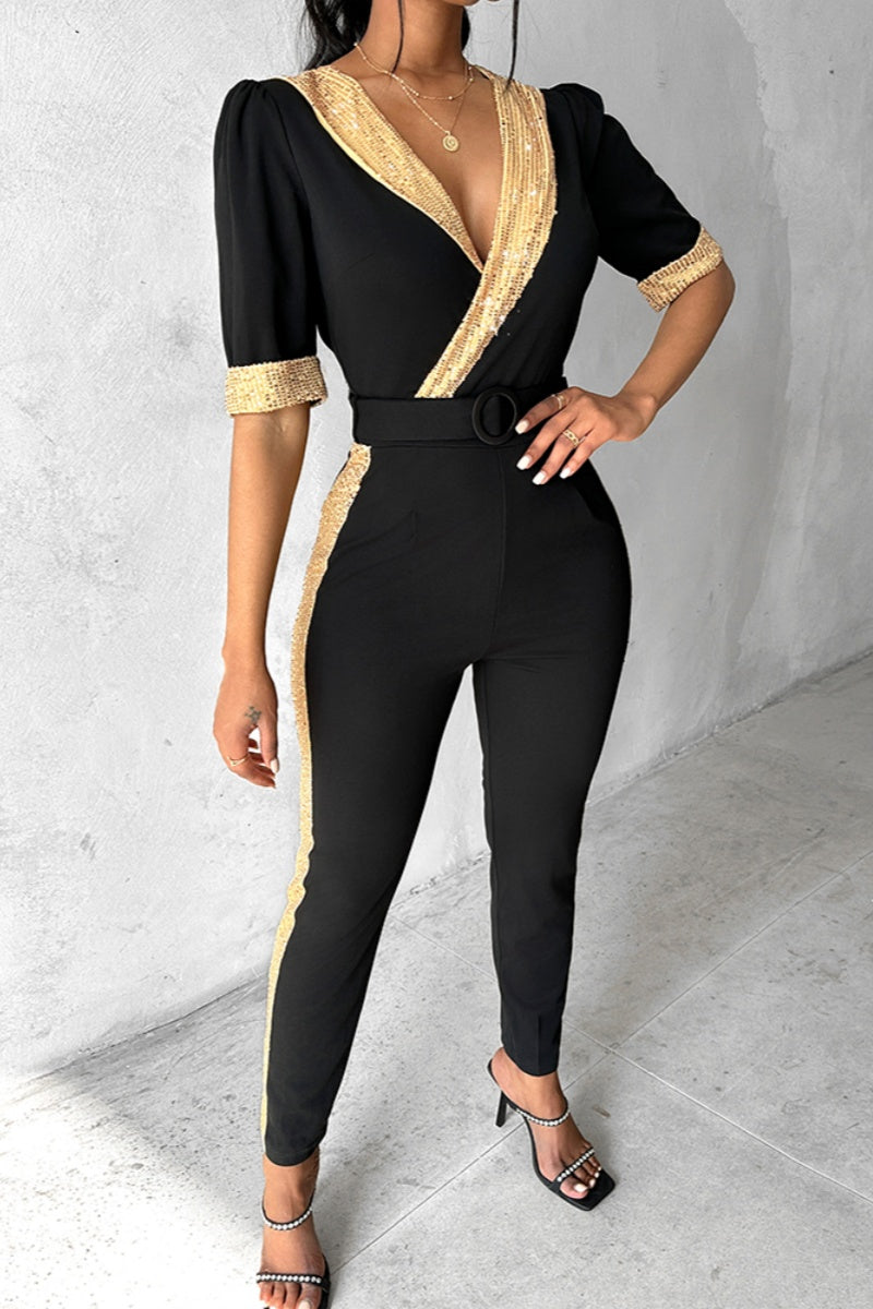Stilla | Slim Fit Casual Overalls Med Paillet Patchwork og V-Udskæring