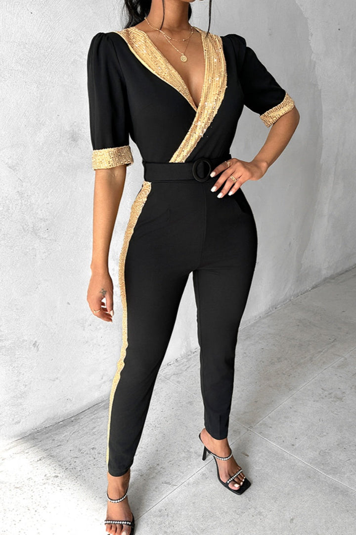 Stilla | Slim Fit Casual Overalls Med Paillet Patchwork og V-Udskæring