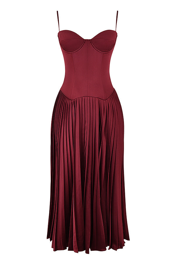 Stilla | Vin Satin Plisseret Midikjole