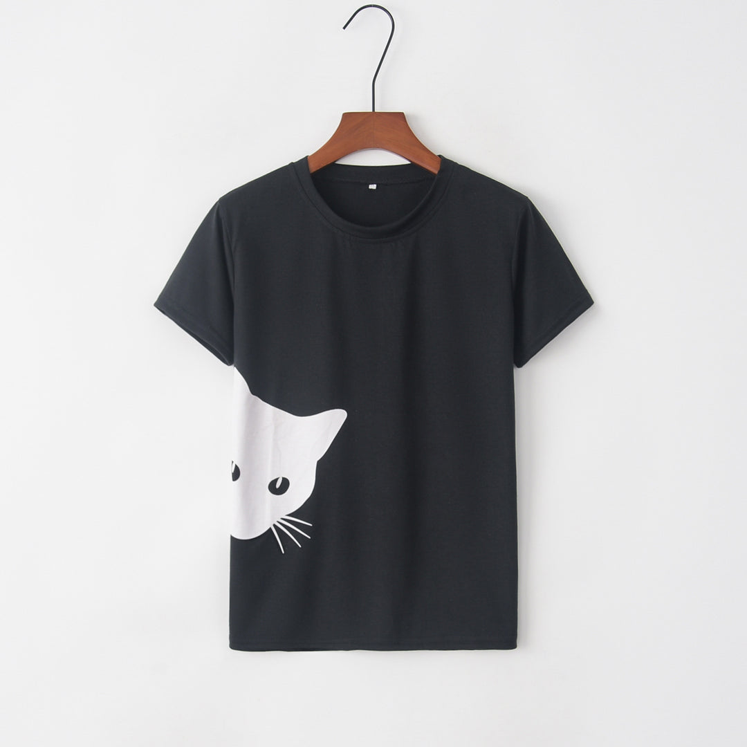 Kvinders T-shirt med kreativ katte-design og løs pasform Stilla