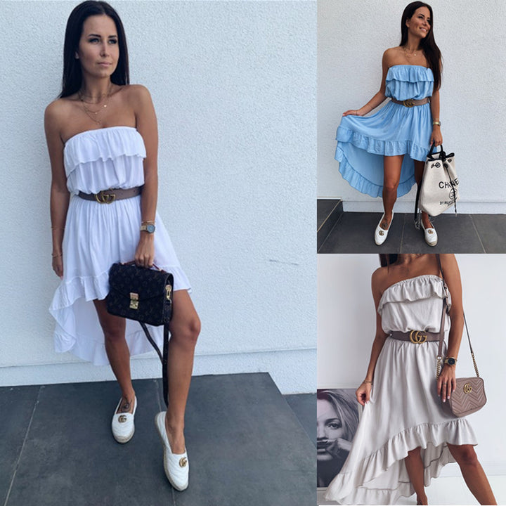 Dame Strapless Ruffle Midi Kjole Stilla