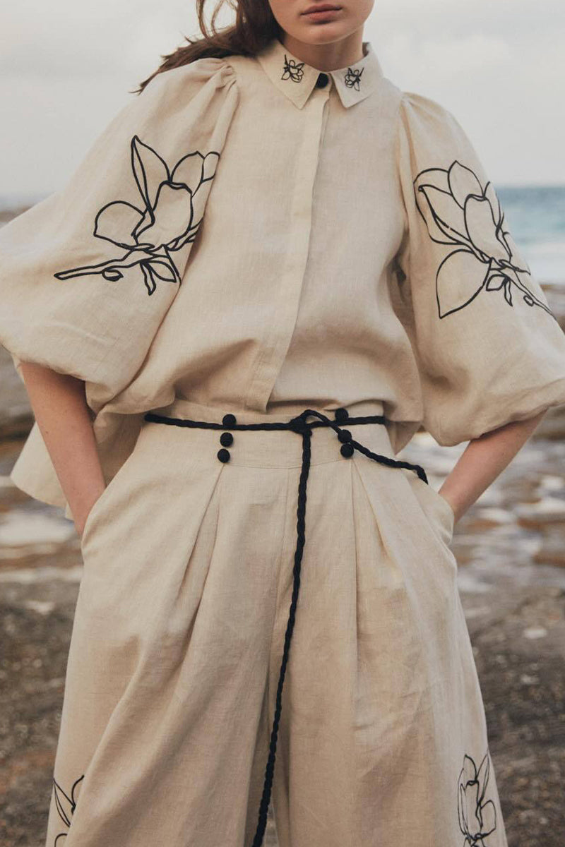 Stilla | Vinlese Trykt, Casual, Floral, Taske, Skjorte, Omslagskrave, Halv Ærme, To Delt