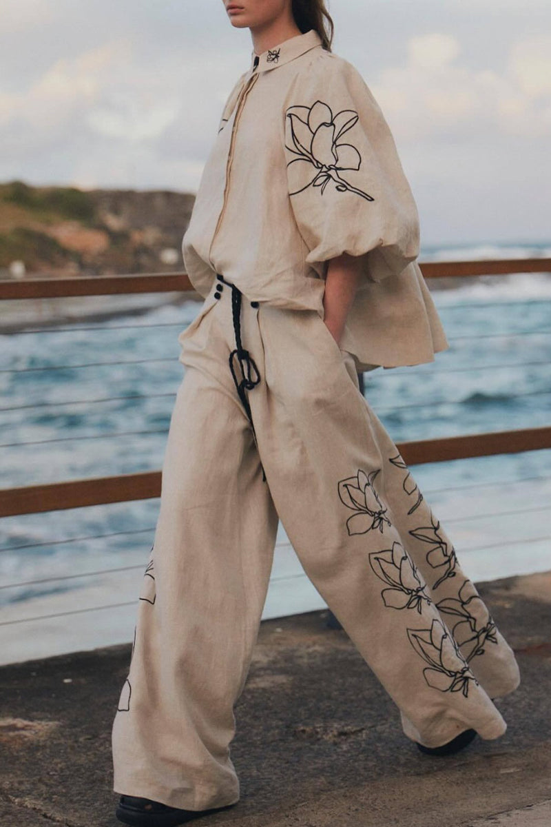 Stilla | Vinlese Trykt, Casual, Floral, Taske, Skjorte, Omslagskrave, Halv Ærme, To Delt