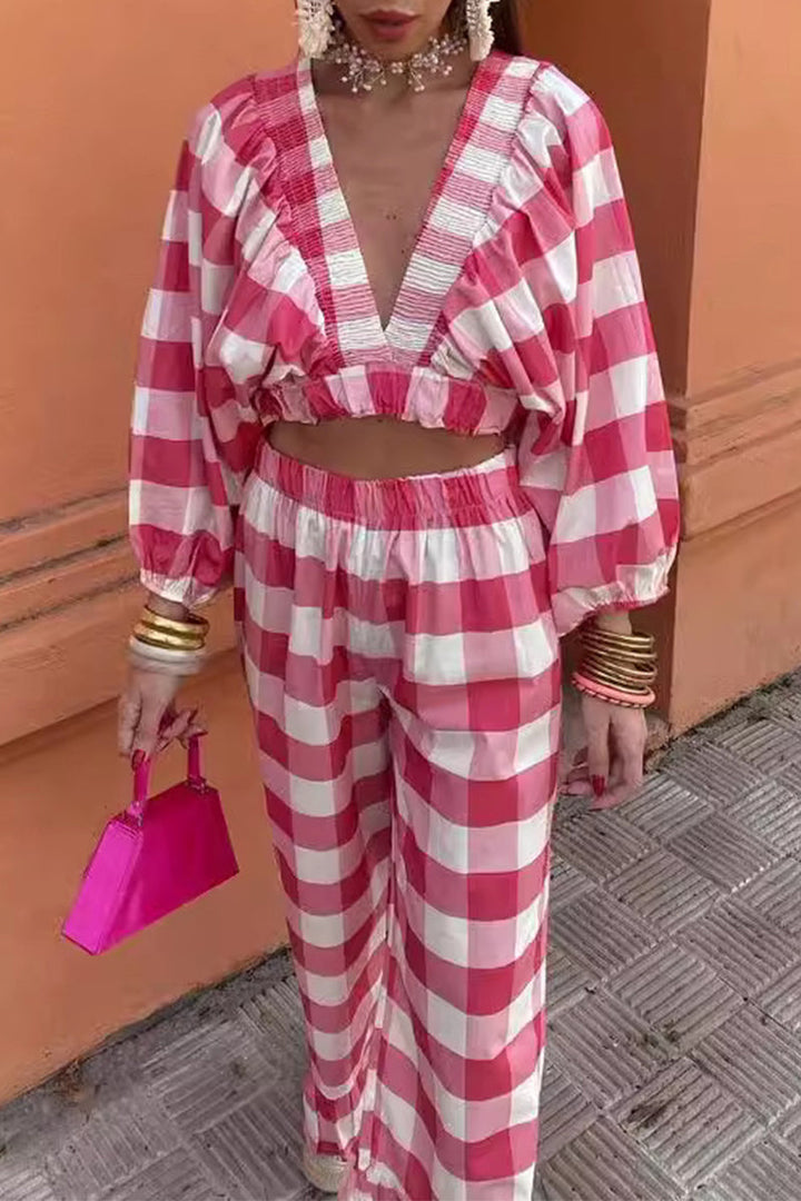 Stilla | To-delt Casual og Sød Kontrast Tartan Dragt, Lange Ærmer, V-udskæring