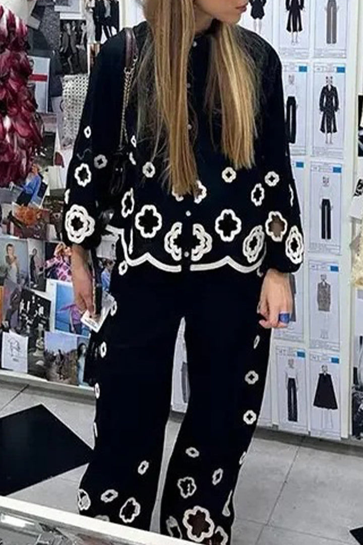 Stilla | Blomst Med Hæklet Detalje, Casual, Med Omslået Krave, Lange Ærmer, To Dele