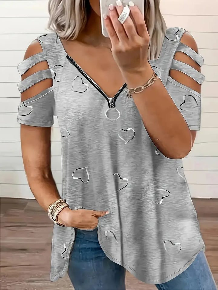 Stilla | T-shirt med Heartbeat Print, V-hals og Lynlåsdetalje