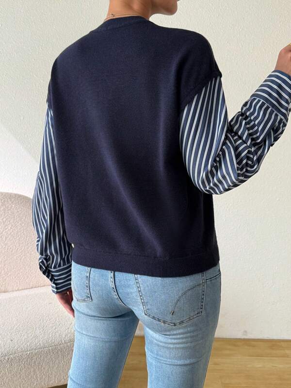 Stilla | Strikbluse 2 i 1 Med Striber Til Kvinder, Langærmet Pullover, Efterårsoberdel