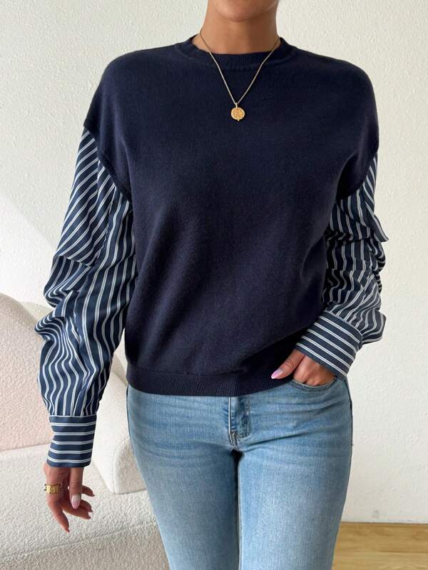 Stilla | Strikbluse 2 i 1 Med Striber Til Kvinder, Langærmet Pullover, Efterårsoberdel