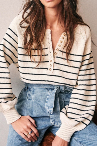 Stilla | Casual sweater med kontrasterende rund halsudskæring, vævet med stribet loop