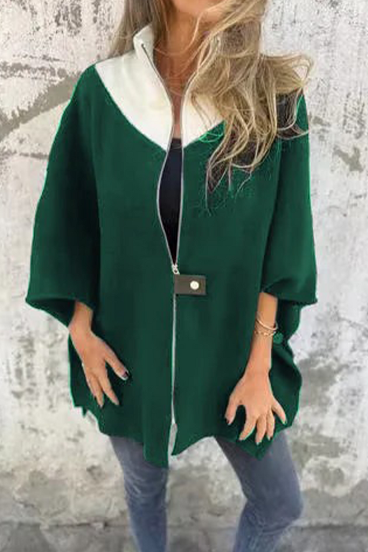 Stilla | Løs Patchwork Udetøj Med Lynlås og Kontrasterende Ståkrave