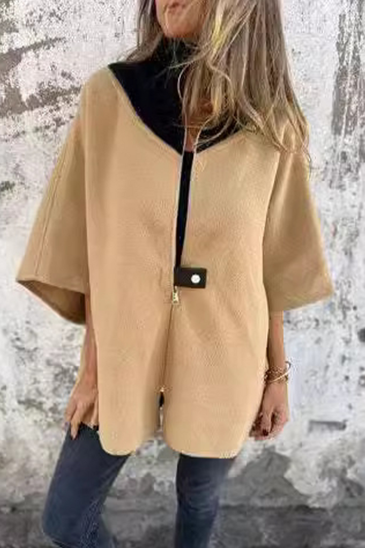 Stilla | Løs Patchwork Udetøj Med Lynlås og Kontrasterende Ståkrave