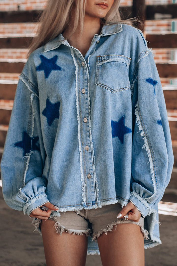 Stilla | Lässig Street the Stars Løs Jeansjakke Med Lange Ærmer og Omslaget Krave Af Vintage Patchwork