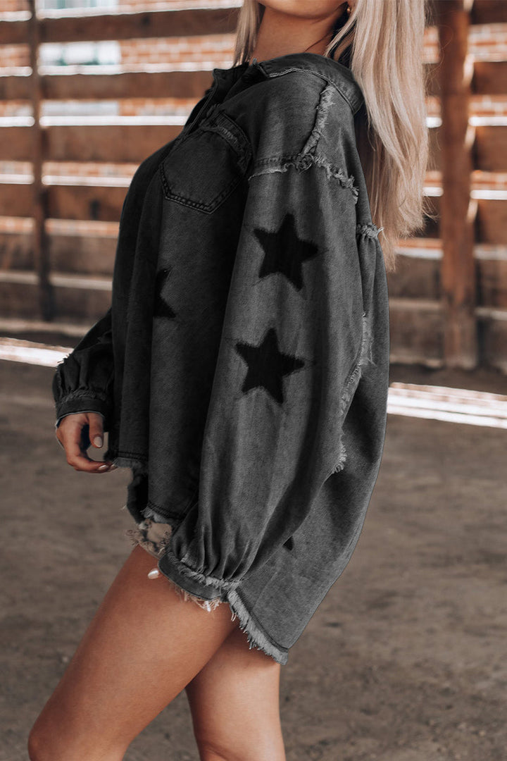 Stilla | Lässig Street the Stars Løs Jeansjakke Med Lange Ærmer og Omslaget Krave Af Vintage Patchwork