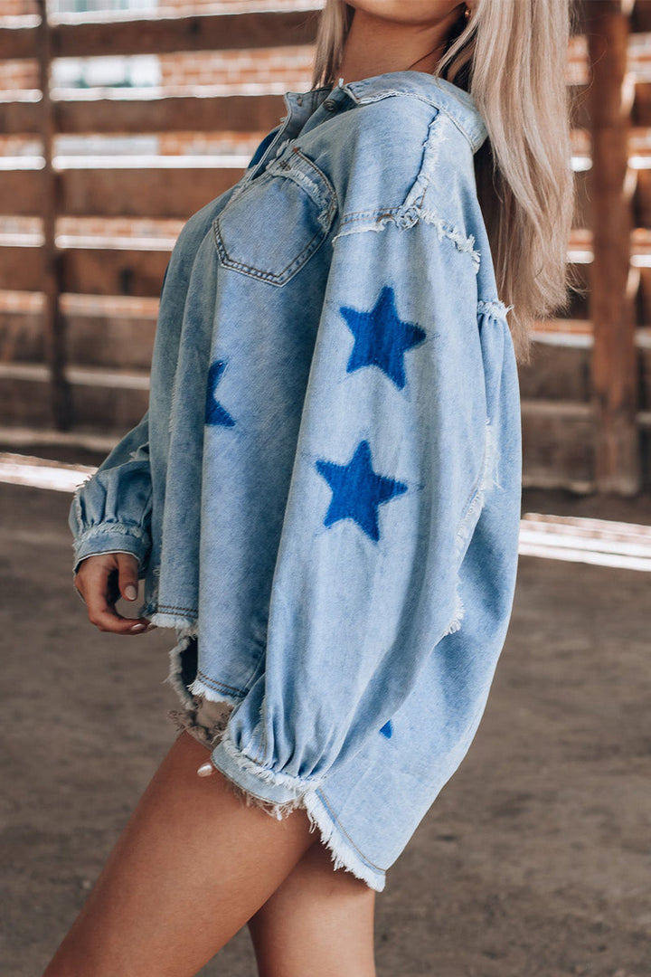 Stilla | Lässig Street the Stars Løs Jeansjakke Med Lange Ærmer og Omslaget Krave Af Vintage Patchwork