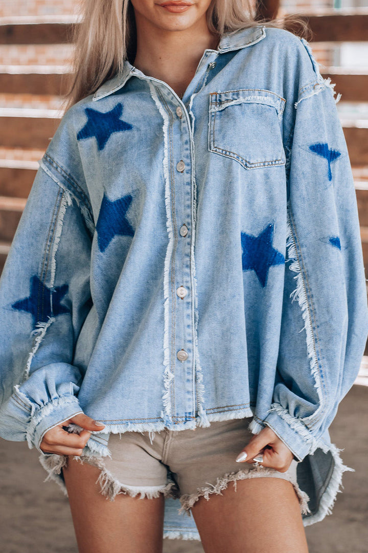 Stilla | Lässig Street the Stars Løs Jeansjakke Med Lange Ærmer og Omslaget Krave Af Vintage Patchwork