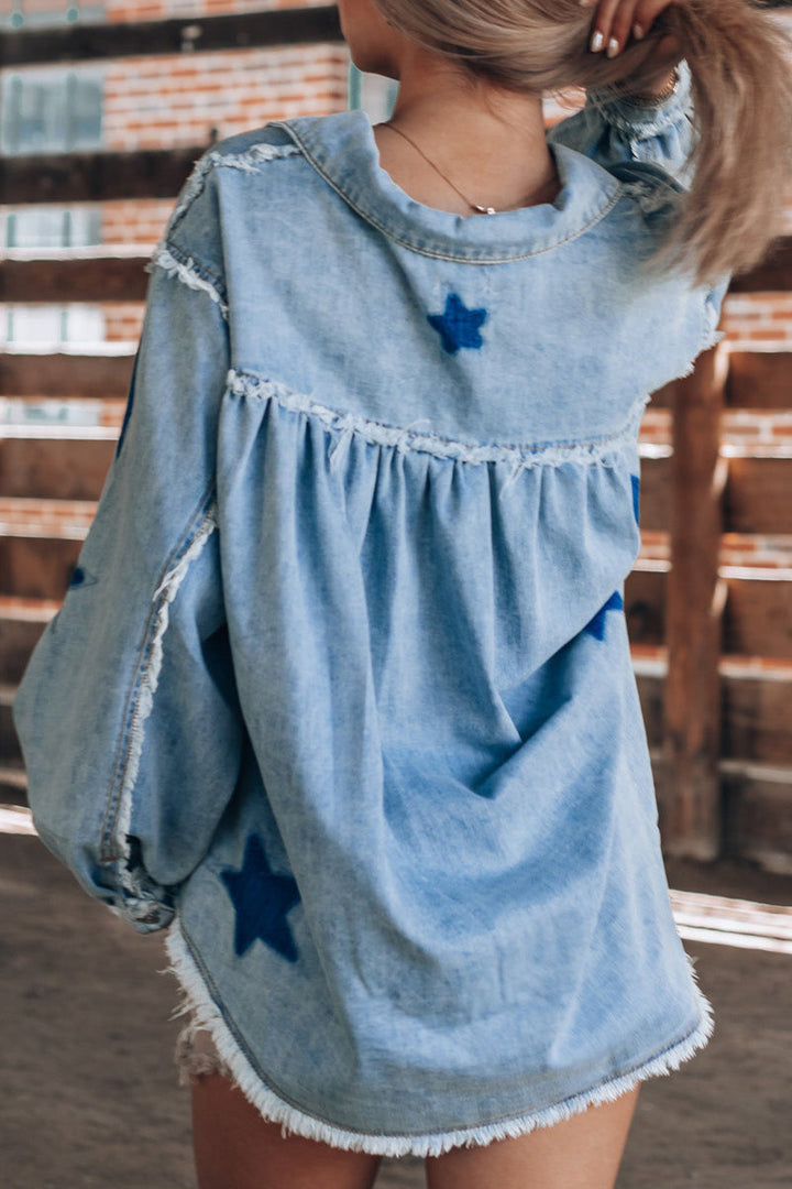 Stilla | Lässig Street the Stars Løs Jeansjakke Med Lange Ærmer og Omslaget Krave Af Vintage Patchwork