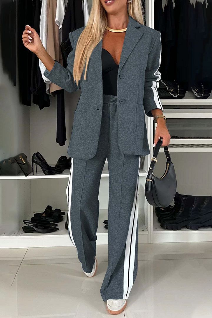 Stilla | Stribet Casual Knapper, Kontrast Patchwork, Omvendt Krave, Lange Ærmer, To Deler