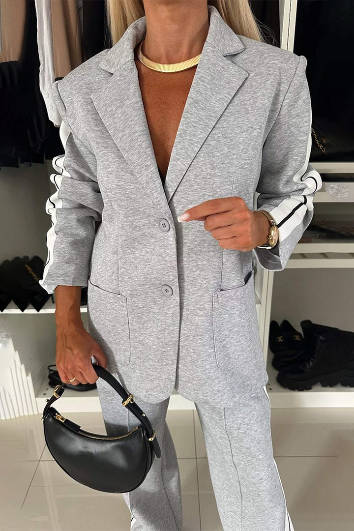 Stilla | Stribet Casual Knapper, Kontrast Patchwork, Omvendt Krave, Lange Ærmer, To Deler
