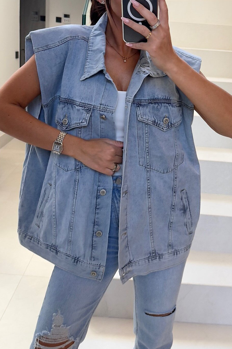 Stilla | Casual Jeansjakke Med Vaskede Knapper, Omslået Krave, Ærmeløs, Bred