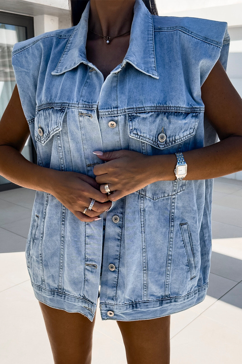 Stilla | Casual Jeansjakke Med Vaskede Knapper, Omslået Krave, Ærmeløs, Bred