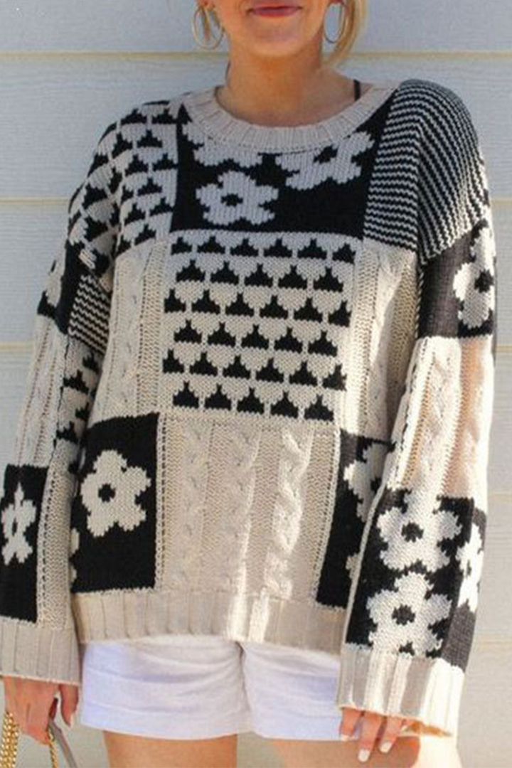 Stilla | Casual Rundhals Sweater Med Kontrastfarvet Blomstermønster