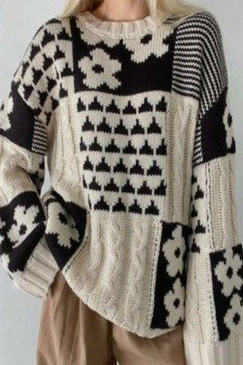 Stilla | Casual Rundhals Sweater Med Kontrastfarvet Blomstermønster
