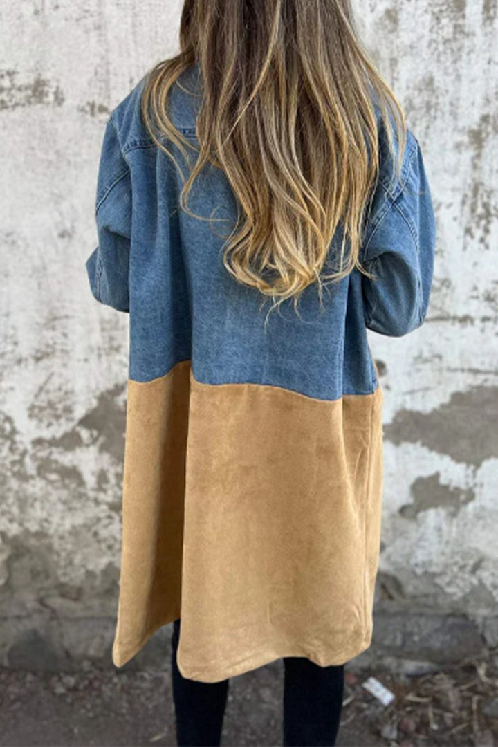Stilla | Street Buttons Patchwork Kontrast Omslag Krave Langærmet Loose Denimjakke