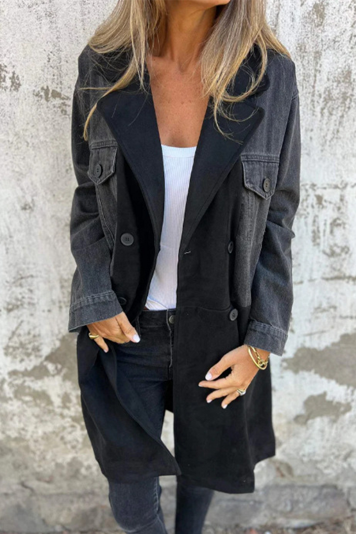 Stilla | Street Buttons Patchwork Kontrast Omslag Krave Langærmet Loose Denimjakke