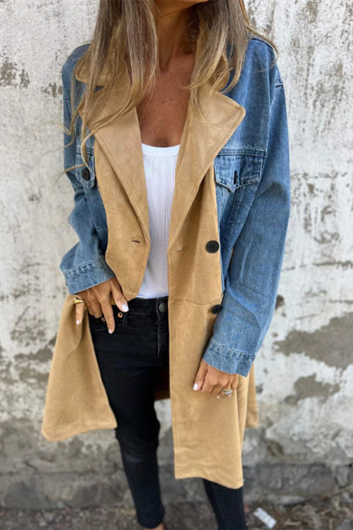 Stilla | Street Buttons Patchwork Kontrast Omslag Krave Langærmet Loose Denimjakke