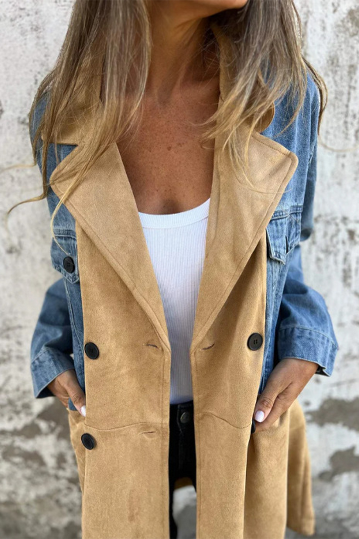 Stilla | Street Buttons Patchwork Kontrast Omslag Krave Langærmet Loose Denimjakke