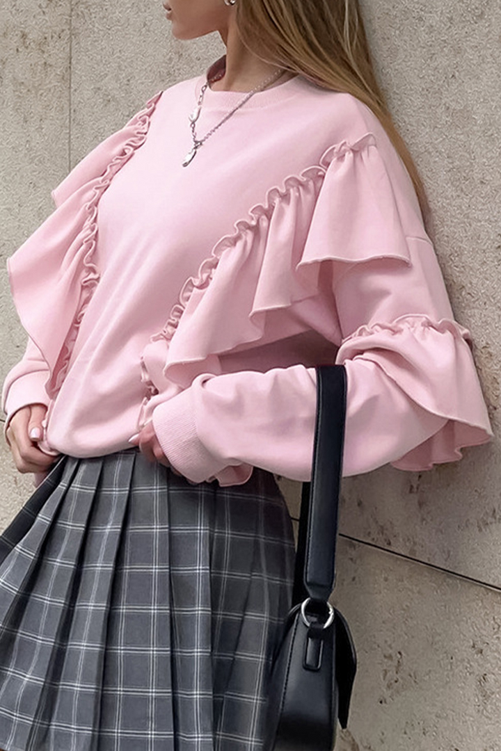 Stilla | Ensfarvet Casual Sweatshirts Med Rynker og Rund Halsudskæring
