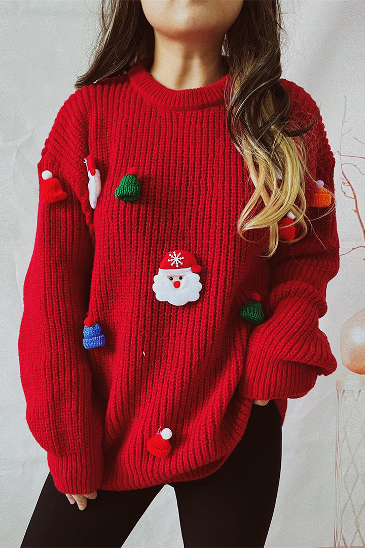 Stilla | Lækker Julemand Juletræ Patchwork Vævning Rundhals Sweater