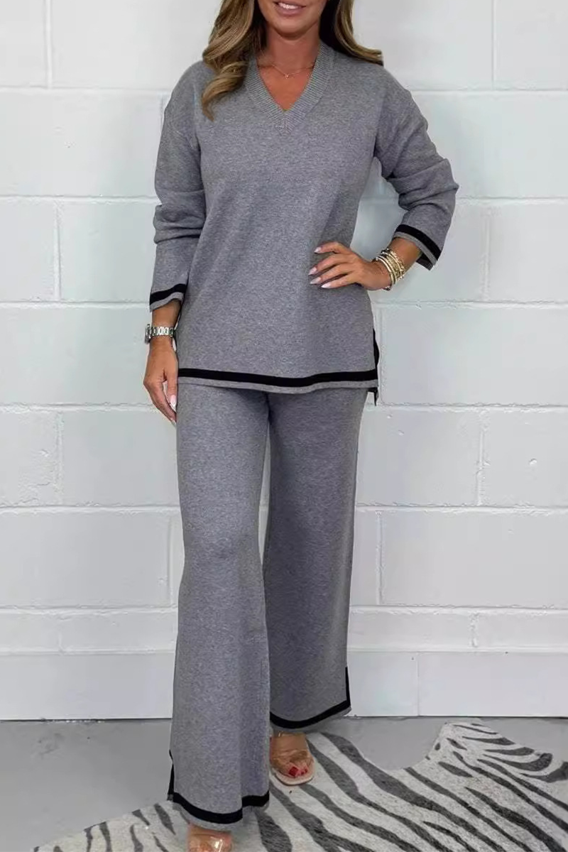 Stilla | To-delt Casual Stribet Dragt, Patchwork, Kontrastknap, V-hals, Lange Ærmer