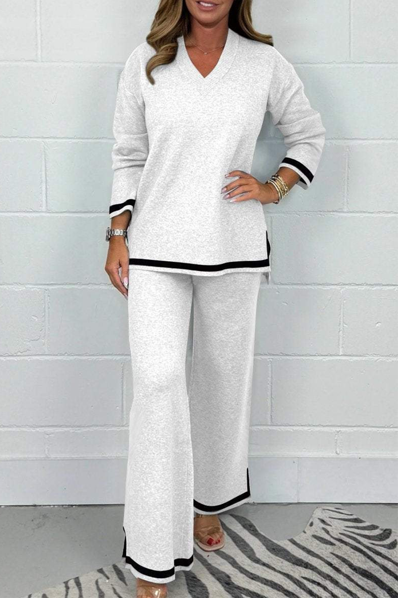 Stilla | To-delt Casual Stribet Dragt, Patchwork, Kontrastknap, V-hals, Lange Ærmer