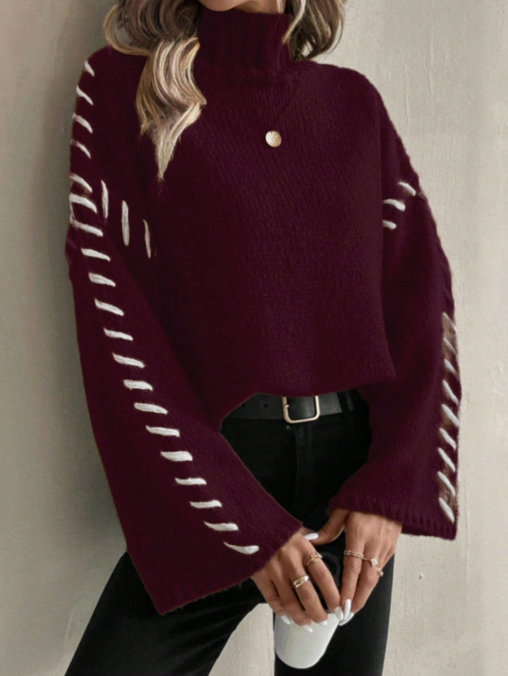 Stilla | Dame Patchwork Strikpullover med Kontrasterende Farver og Høj Hals