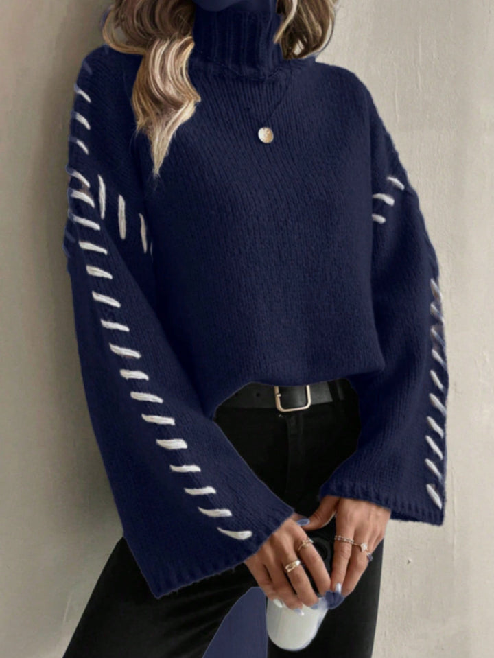 Stilla | Dame Patchwork Strikpullover med Kontrasterende Farver og Høj Hals