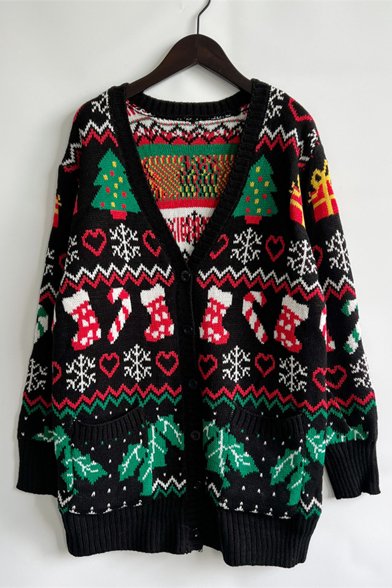 Stilla | Casual snefnug juletræ knapper stof kontrast V-hals overtøj